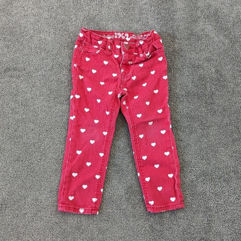 Gap Toddler Girl Tapered Jeans Size 2T Heart Print, Red White, Denim, Cotton